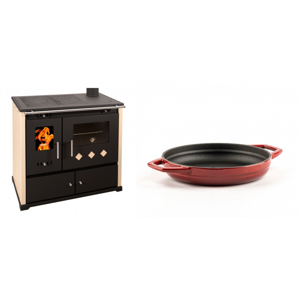 Set Küchenofen / Küchenhexe Prometey Practik Lux, Elfenbein, rechter Kamin, 9.5kW + Emaillierte gusseisenpfanne mit zwei Griffen Solagio, Rubin, Ф19cm | Kaminofen - Holzofen mit Backfach | Kaminofen |