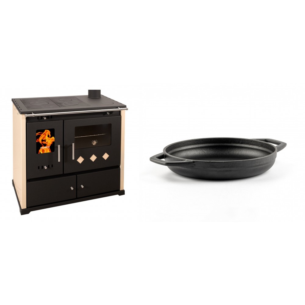 Set Küchenofen / Küchenhexe Prometey Practik Lux, Elfenbein, rechter Kamin, 9.5kW + Emaillierte gusseisenpfanne mit zwei Griffen Solagio, Black Onyx, Ф19cm