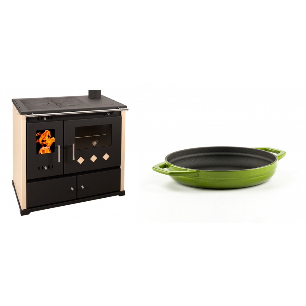 Set Küchenofen / Küchenhexe Prometey Practik Lux, Elfenbein, rechter Kamin, 9.5kW + Emaillierte gusseisenpfanne mit zwei Griffen Solagio, Bamboo, Ф19cm