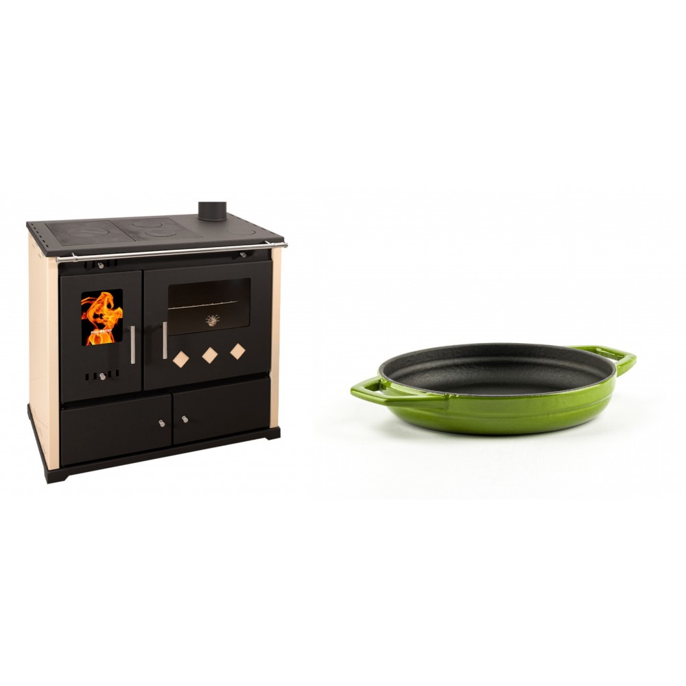 Set Küchenofen / Küchenhexe Prometey Practik Lux, Elfenbein, rechter Kamin, 9.5kW + Emaillierte gusseisenpfanne mit zwei Griffen Solagio, Bamboo, Ф16cm | Kaminofen - Holzofen mit Backfach | Kaminofen |