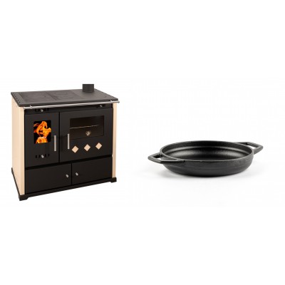 Set Küchenofen / Küchenhexe Prometey Practik Lux, Elfenbein, rechter Kamin, 9.5kW + Emaillierte gusseisenpfanne mit zwei Griffen Solagio, Black Onyx, Ф16cm - Kaminofen - Holzofen mit Backfach