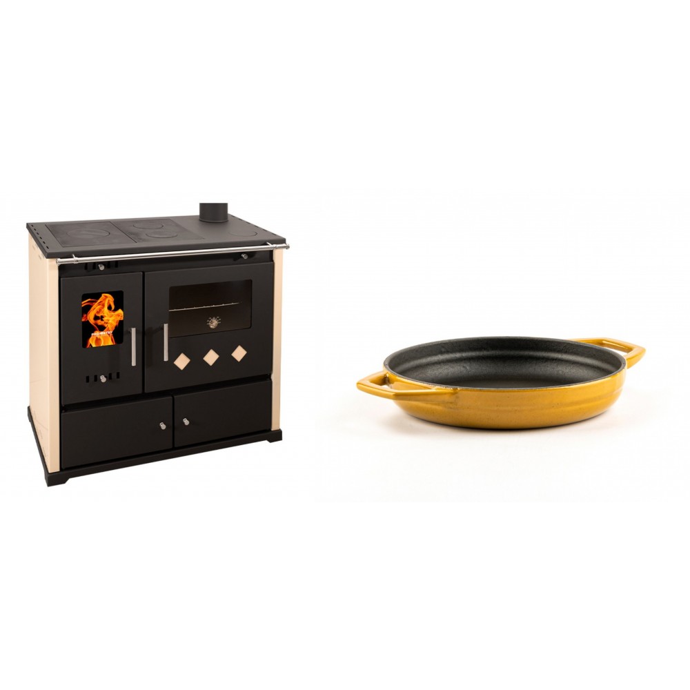 Set Küchenofen / Küchenhexe Prometey Practik Lux, Elfenbein, rechter Kamin, 9.5kW + Emaillierte gusseisenpfanne mit zwei Griffen Solagio, Dijon, Ф16cm