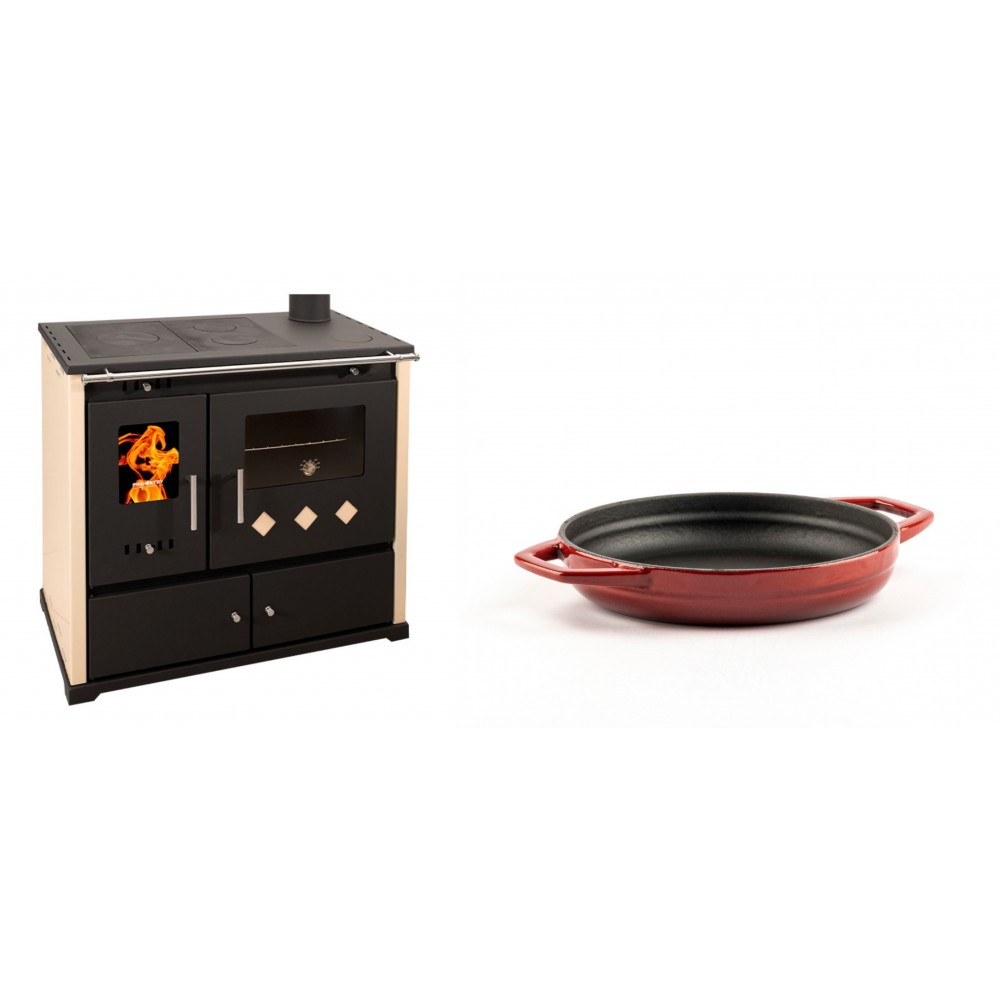 Set Küchenofen / Küchenhexe Prometey Practik Lux, Elfenbein, rechter Kamin, 9.5kW + Emaillierte gusseisenpfanne mit zwei Griffen Solagio, Rubin, Ф16cm