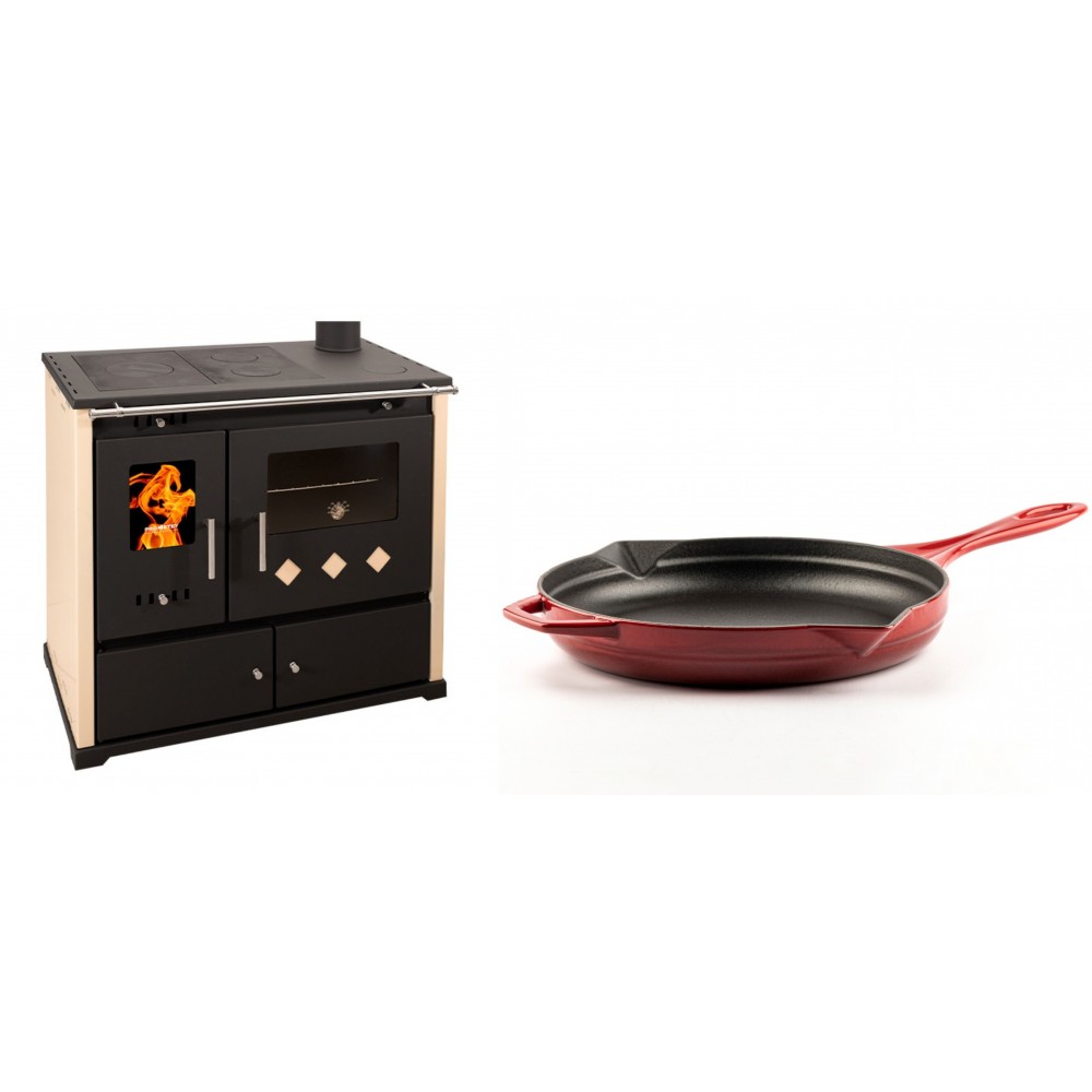 Set Küchenofen / Küchenhexe Prometey Practik Lux, Elfenbein, rechter Kamin, 9.5kW + Emaillierte Gusseisenpfanne Solagio, Rubin, Ф28cm | Kaminofen - Holzofen mit Backfach | Kaminofen |