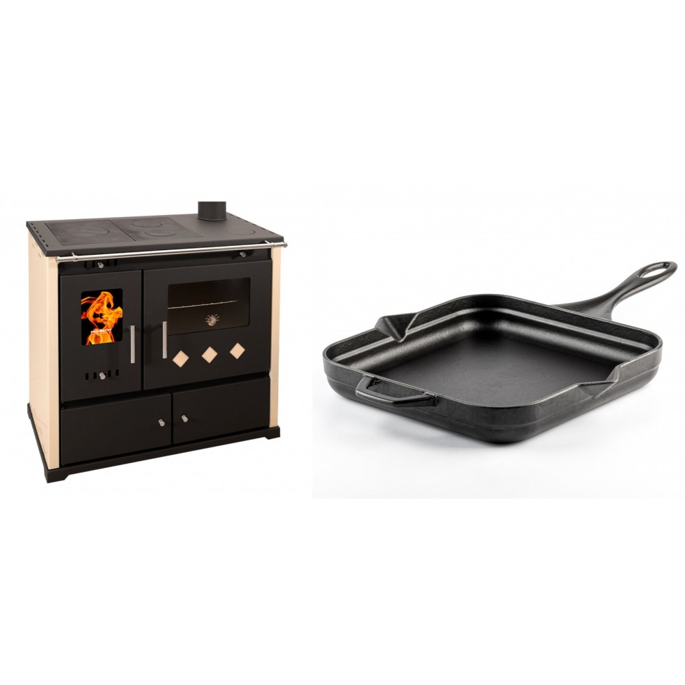 Set Küchenofen / Küchenhexe Prometey Practik Lux, Elfenbein, rechter Kamin, 9.5kW + Emaillierte Gusseisenpfanne Solagio, Black Onyx, 28x28cm | Kaminofen - Holzofen mit Backfach | Kaminofen |