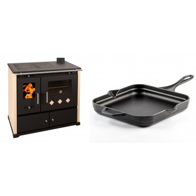 Set Küchenofen / Küchenhexe Prometey Practik Lux, Elfenbein, rechter Kamin, 9.5kW + Emaillierte Gusseisenpfanne Solagio, Black Onyx, 28x28cm - Kaminofen - Holzofen mit Backfach