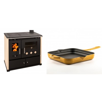 Set Küchenofen / Küchenhexe Prometey Practik Lux, Elfenbein, rechter Kamin, 9.5kW + Emaillierte Gusseisenpfanne Solagio, Dijon, 28x28cm - Kaminofen - Holzofen mit Backfach