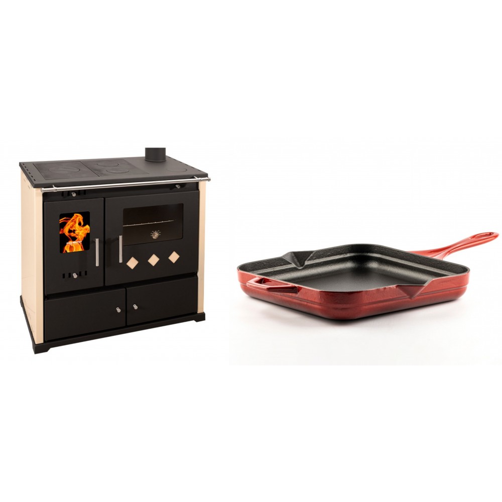 Set Küchenofen / Küchenhexe Prometey Practik Lux, Elfenbein, rechter Kamin, 9.5kW + Emaillierte Gusseisenpfanne Solagio, Rubin, 28x28cm