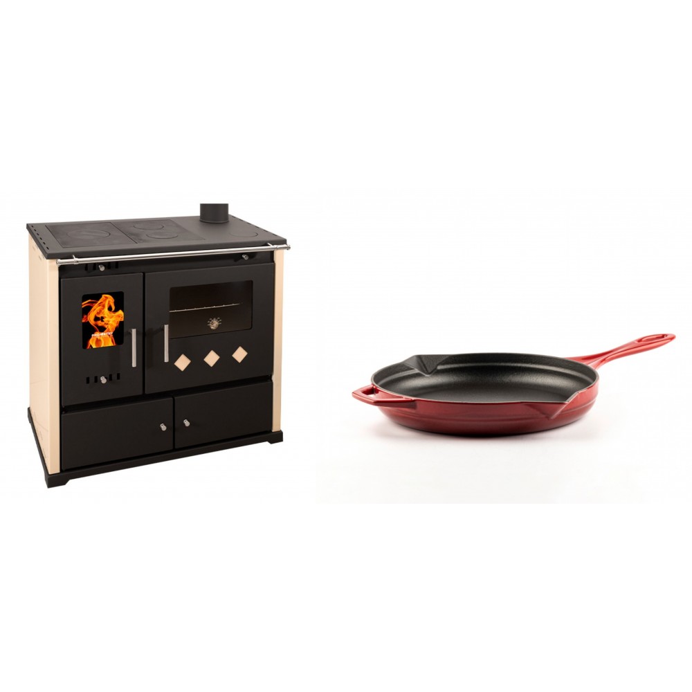 Set Küchenofen / Küchenhexe Prometey Practik Lux, Elfenbein, rechter Kamin, 9.5kW + Emaillierte Gusseisenpfanne Solagio, Rubin, Ф24cm | Kaminofen - Holzofen mit Backfach | Kaminofen |