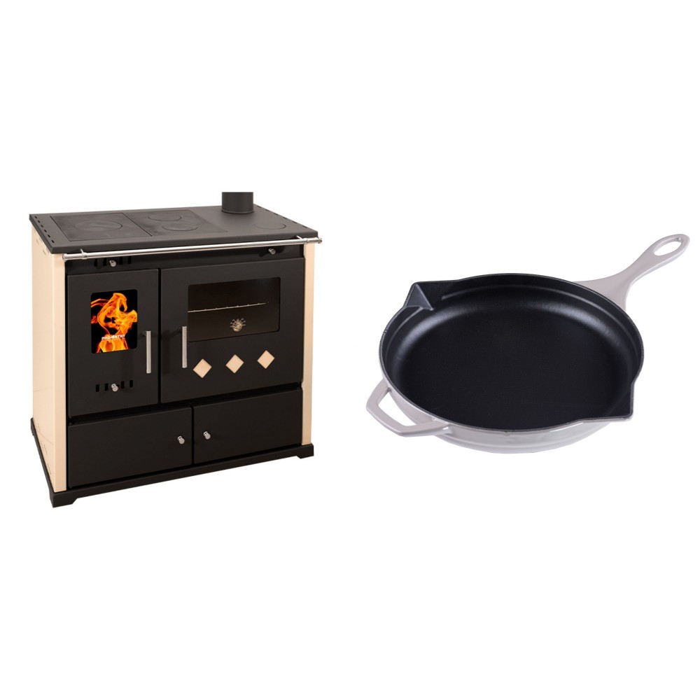 Set Küchenofen / Küchenhexe Prometey Practik Lux, Elfenbein, rechter Kamin, 9.5kW + Emaillierte Gusseisenpfanne Solagio, Ivory, Ф28cm