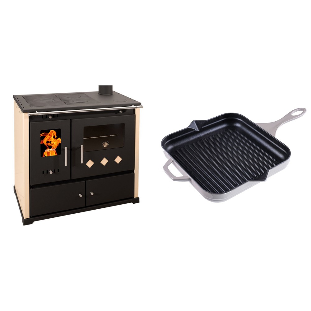 Set Küchenofen / Küchenhexe Prometey Practik Lux, Elfenbein, rechter Kamin, 9.5kW + Emaillierte grillpfanne Gusseisen Solagio, Ivory, 28x28cm | Kaminofen - Holzofen mit Backfach | Kaminofen |