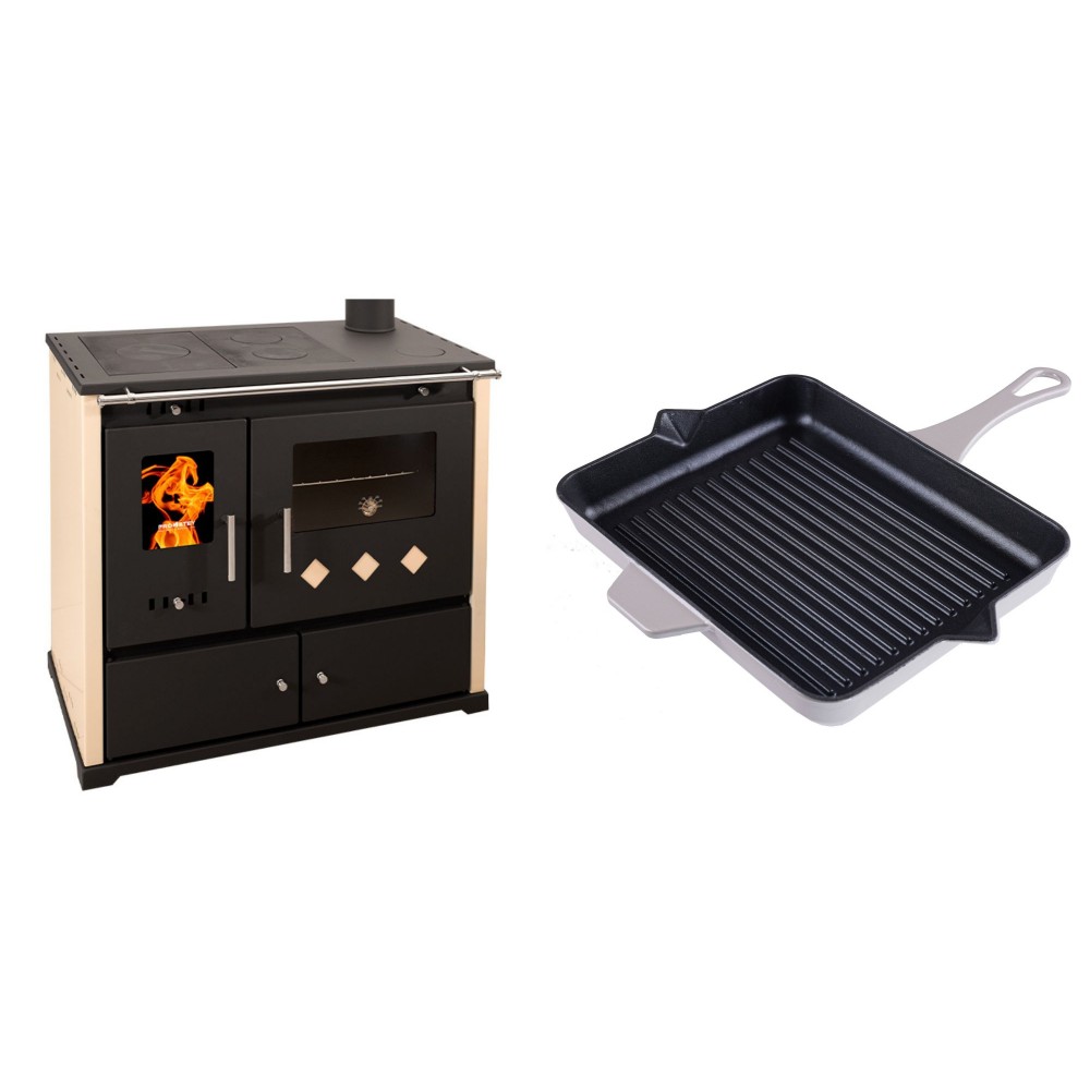 Set Küchenofen / Küchenhexe Prometey Practik Lux, Elfenbein, rechter Kamin, 9.5kW + Emaillierte grillpfanne Gusseisen Solagio, Ivory, 26x32cm