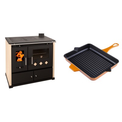 Set Küchenofen / Küchenhexe Prometey Practik Lux, Elfenbein, rechter Kamin, 9.5kW + Emaillierte grillpfanne Gusseisen Solagio, Dijon, 26x32cm - Kaminofen - Holzofen mit Backfach