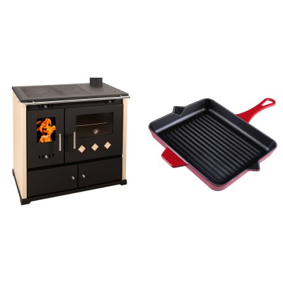 Set Küchenofen / Küchenhexe Prometey Practik Lux, Elfenbein, rechter Kamin, 9.5kW + Emaillierte grillpfanne Gusseisen Solagio, Rubin, 26x32cm - Kaminofen - Holzofen mit Backfach