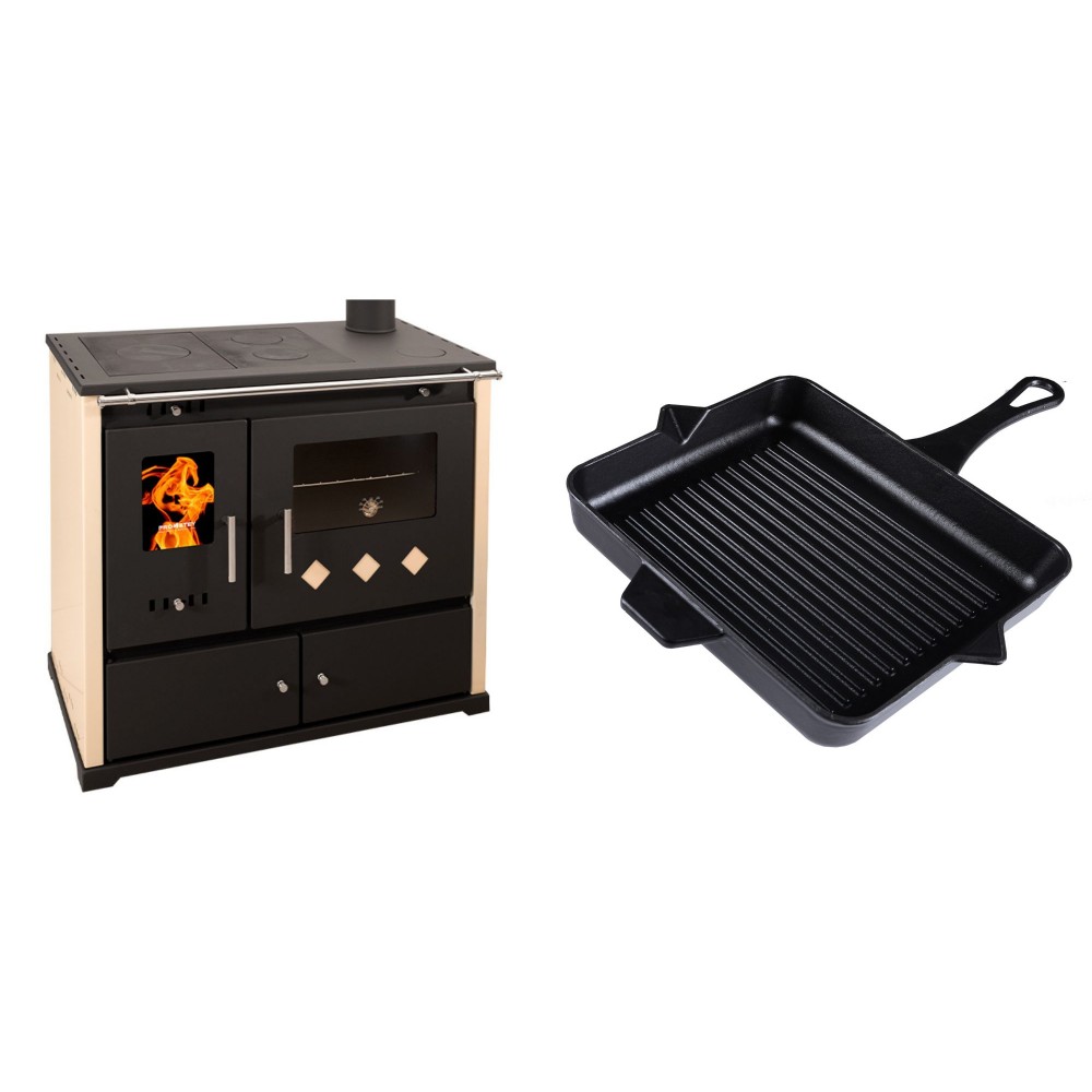 Set Küchenofen / Küchenhexe Prometey Practik Lux, Elfenbein, rechter Kamin, 9.5kW + Emaillierte grillpfanne Gusseisen Solagio, Black Onyx, 26x32cm