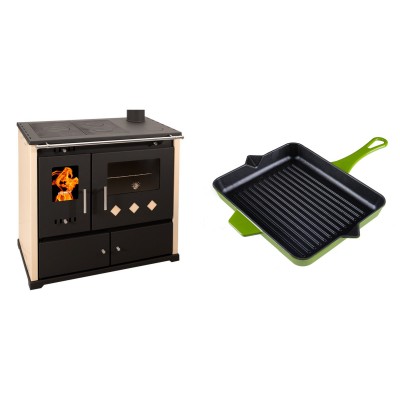 Set Küchenofen / Küchenhexe Prometey Practik Lux, Elfenbein, rechter Kamin, 9.5kW + Emaillierte grillpfanne Gusseisen Solagio, Bamboo, 26x32cm - Kaminofen - Holzofen mit Backfach