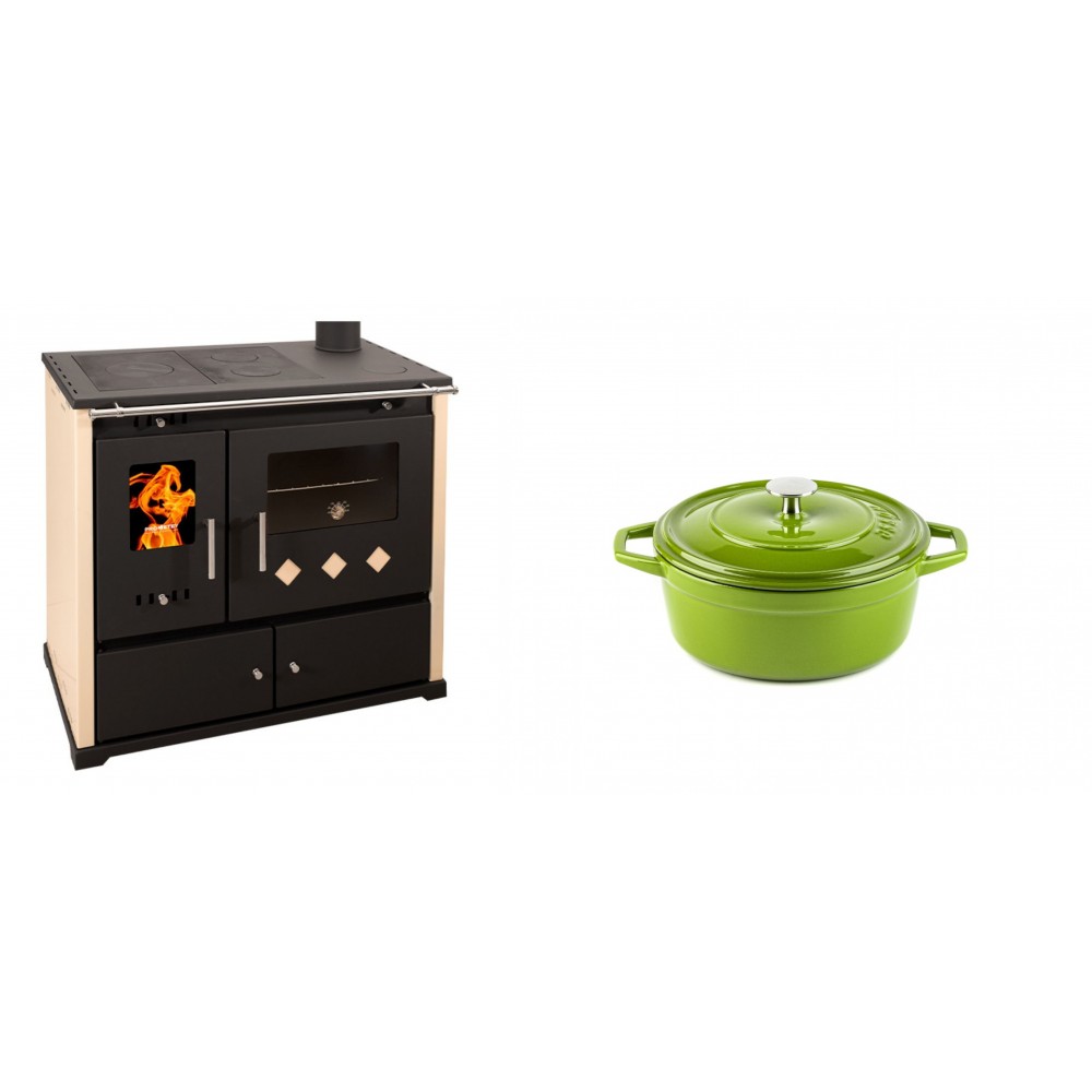 Set Küchenofen / Küchenhexe Prometey Practik Lux, Elfenbein, rechter Kamin, 9.5kW + Gusseisen Topf Tiefer Solagio, Bamboo, Ф12 | Kaminofen - Holzofen mit Backfach | Kaminofen |