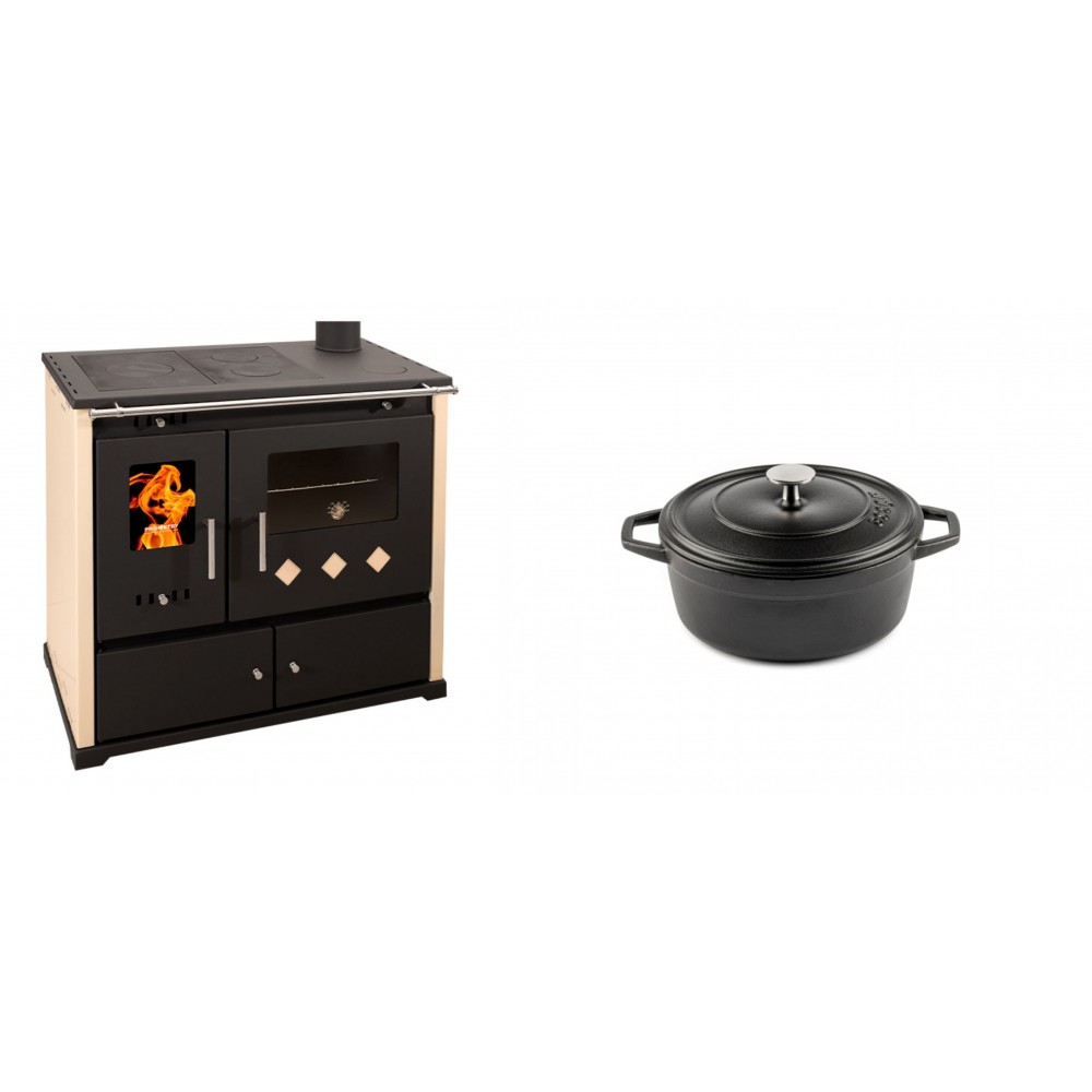 Set Küchenofen / Küchenhexe Prometey Practik Lux, Elfenbein, rechter Kamin, 9.5kW + Gusseisen Topf Tiefer Solagio, Black Onyx, Ф12 | Kaminofen - Holzofen mit Backfach | Kaminofen |