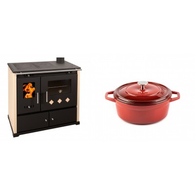 Set Küchenofen / Küchenhexe Prometey Practik Lux, Elfenbein, rechter Kamin, 9.5kW + Gusseisen Topf Tiefer Solagio, Rubin, Ф20 - Kaminofen - Holzofen mit Backfach