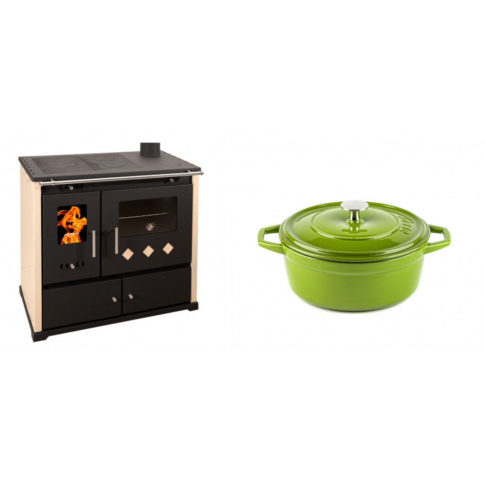 Set Küchenofen / Küchenhexe Prometey Practik Lux, Elfenbein, rechter Kamin, 9.5kW + Gusseisen Topf Tiefer Solagio, Bamboo, Ф20