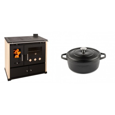 Set Küchenofen / Küchenhexe Prometey Practik Lux, Elfenbein, rechter Kamin, 9.5kW + Gusseisen Topf Tiefer Solagio, Black Onyx, Ф20 - Kaminofen - Holzofen mit Backfach