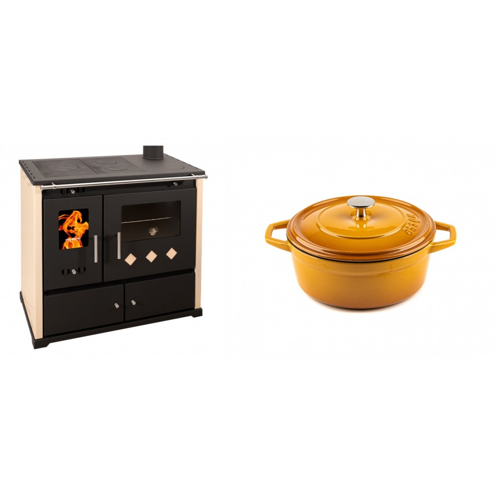 Set Küchenofen / Küchenhexe Prometey Practik Lux, Elfenbein, rechter Kamin, 9.5kW + Gusseisen Topf Tiefer Solagio, Dijon, Ф20 | Kaminofen - Holzofen mit Backfach | Kaminofen |