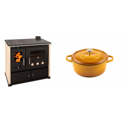 Set Küchenofen / Küchenhexe Prometey Practik Lux, Elfenbein, rechter Kamin, 9.5kW + Gusseisen Topf Tiefer Solagio, Dijon, Ф20 - Kaminofen - Holzofen mit Backfach