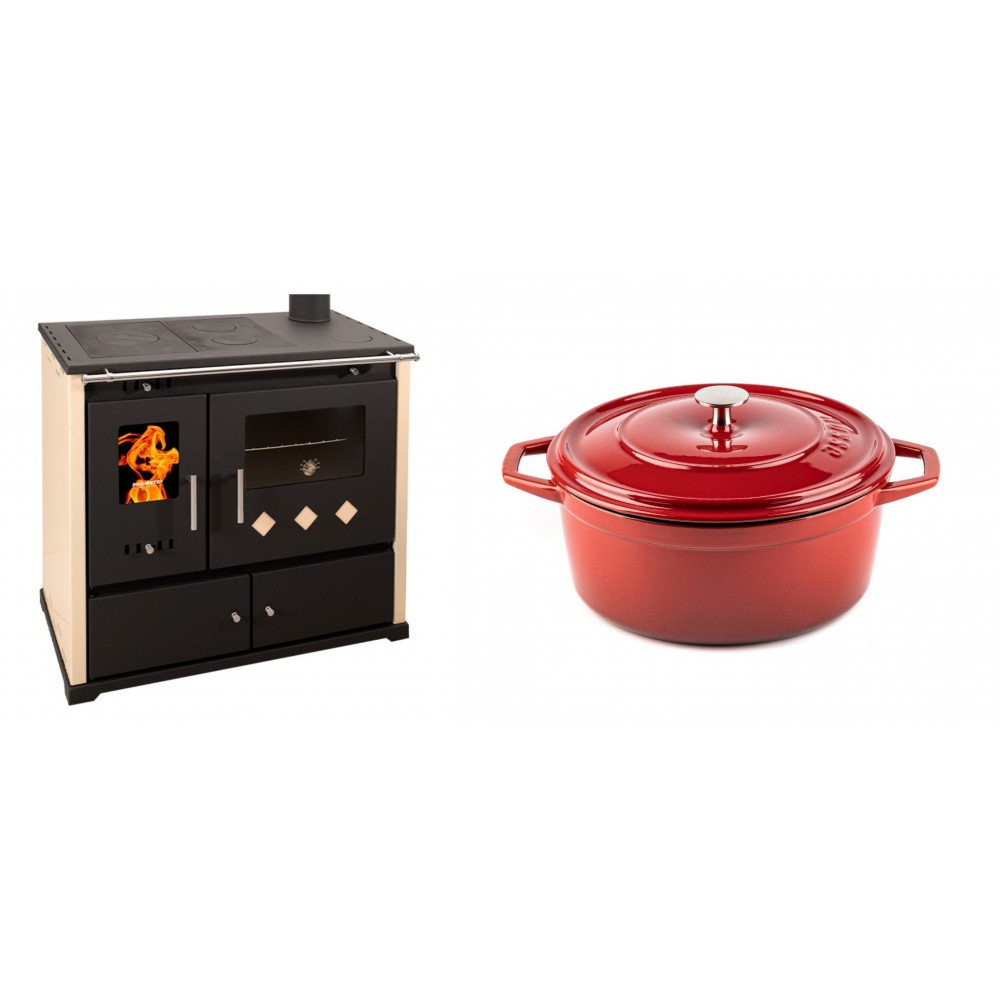 Set Küchenofen / Küchenhexe Prometey Practik Lux, Elfenbein, rechter Kamin, 9.5kW + Gusseisen Topf Tiefer Solagio, Rubin, Ф24