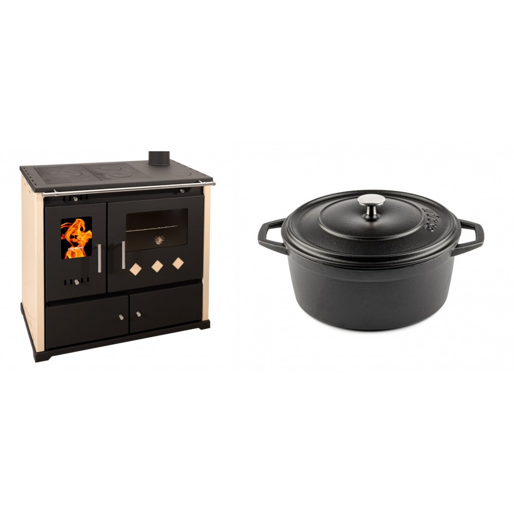 Set Küchenofen / Küchenhexe Prometey Practik Lux, Elfenbein, rechter Kamin, 9.5kW + Gusseisen Topf Tiefer Solagio, Black Onyx, Ф24 | Kaminofen - Holzofen mit Backfach | Kaminofen |