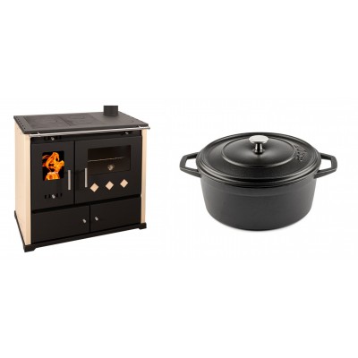 Set Küchenofen / Küchenhexe Prometey Practik Lux, Elfenbein, rechter Kamin, 9.5kW + Gusseisen Topf Tiefer Solagio, Black Onyx, Ф24 - Kaminofen - Holzofen mit Backfach