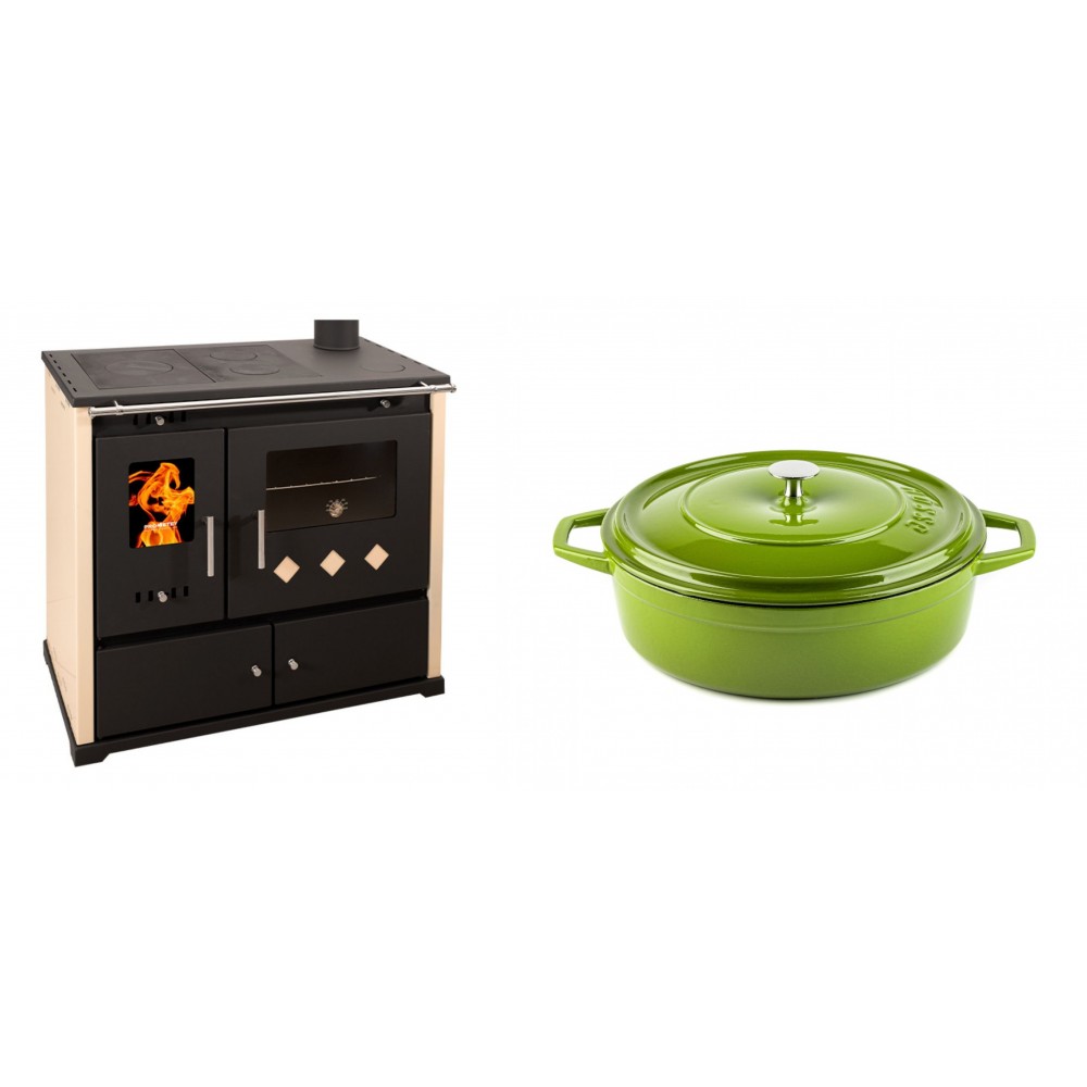 Set Küchenofen / Küchenhexe Prometey Practik Lux, Elfenbein, rechter Kamin, 9.5kW + Gusseisen Topf Flach Solagio, Bamboo, Ф26