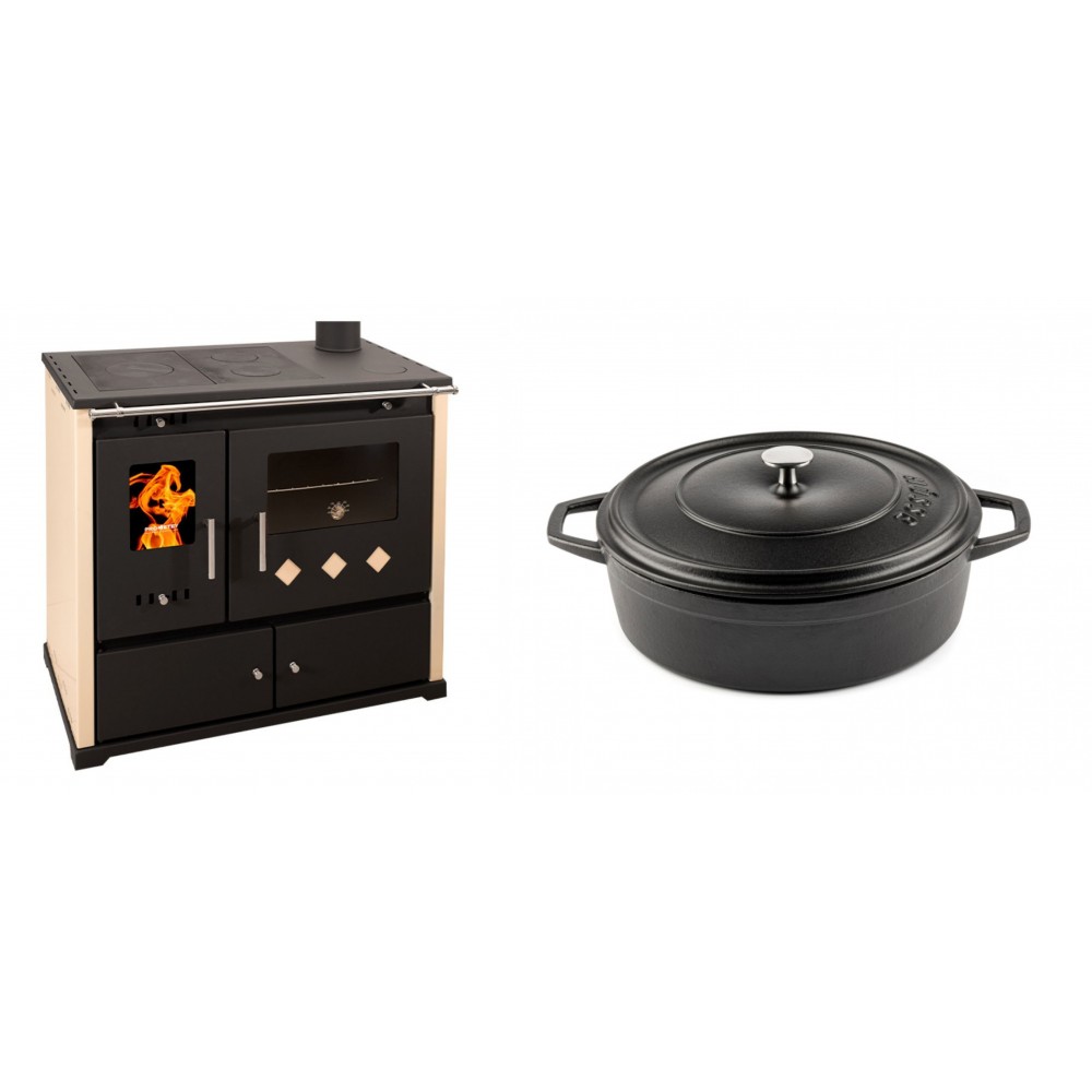 Set Küchenofen / Küchenhexe Prometey Practik Lux, Elfenbein, rechter Kamin, 9.5kW + Gusseisen Topf Flach Solagio, Black Onyx, Ф26