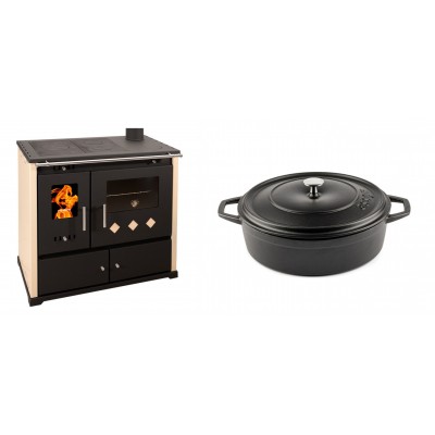 Set Küchenofen / Küchenhexe Prometey Practik Lux, Elfenbein, rechter Kamin, 9.5kW + Gusseisen Topf Flach Solagio, Black Onyx, Ф26 - Kaminofen - Holzofen mit Backfach