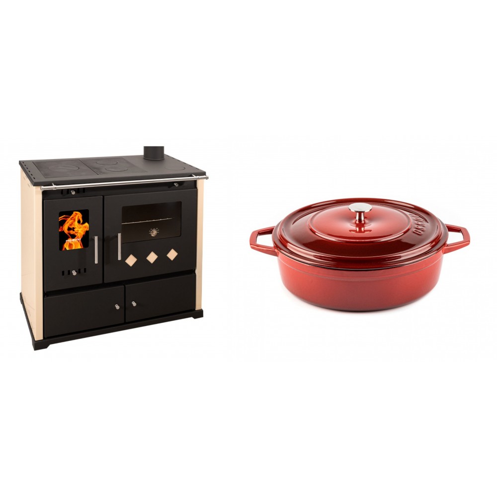 Set Küchenofen / Küchenhexe Prometey Practik Lux, Elfenbein, rechter Kamin, 9.5kW + Gusseisen Topf Flach Solagio, Rubin, Ф26