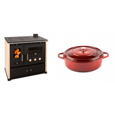 Set Küchenofen / Küchenhexe Prometey Practik Lux, Elfenbein, rechter Kamin, 9.5kW + Gusseisen Topf Flach Solagio, Rubin, Ф26 - Kaminofen - Holzofen mit Backfach