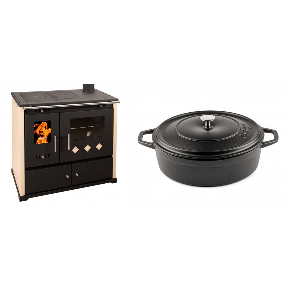 Set Küchenofen / Küchenhexe Prometey Practik Lux, Elfenbein, rechter Kamin, 9.5kW + Gusseisen Topf Flach Solagio, Black Onyx, Ф28 | Kaminofen - Holzofen mit Backfach | Kaminofen |