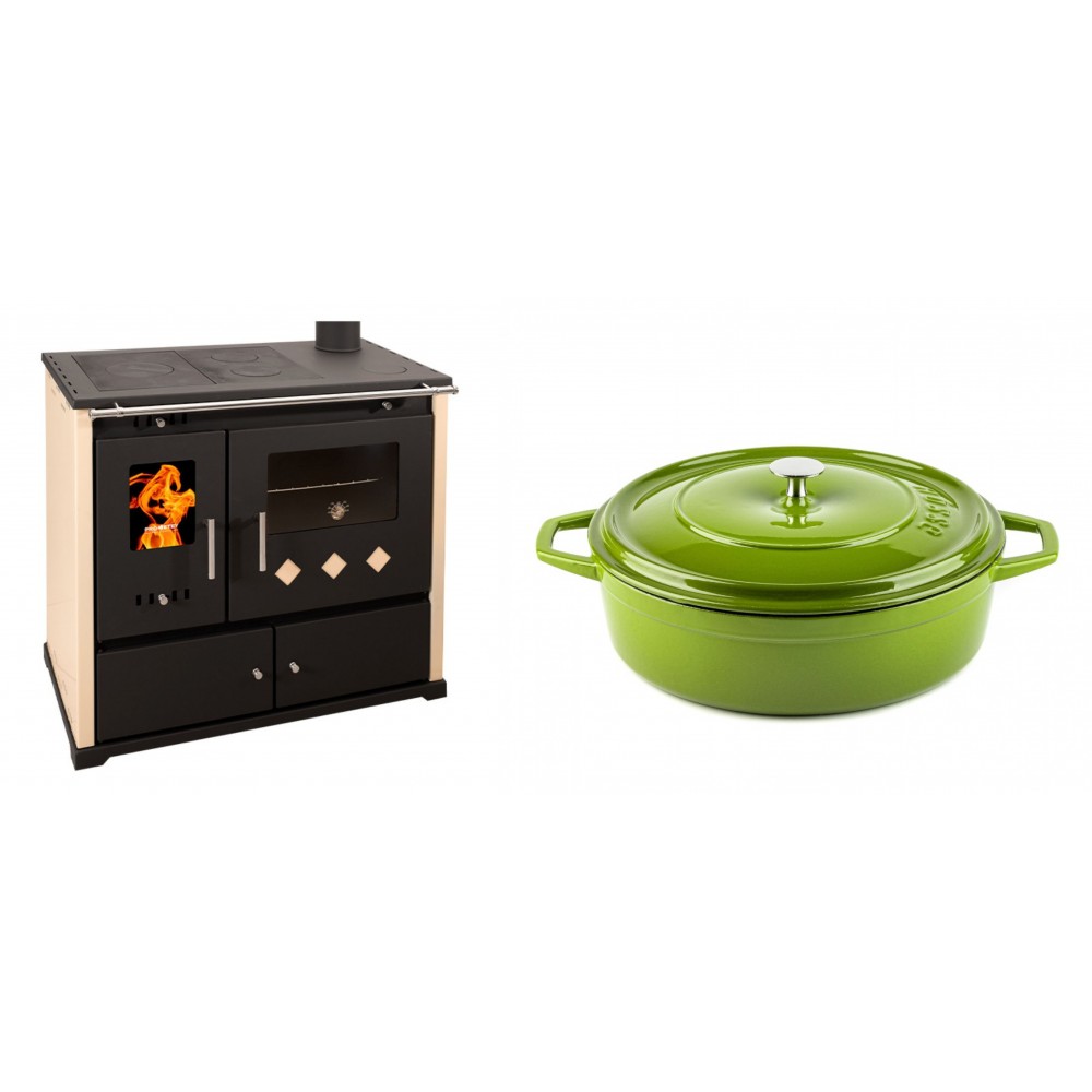 Set Küchenofen / Küchenhexe Prometey Practik Lux, Elfenbein, rechter Kamin, 9.5kW + Gusseisen Topf Flach Solagio, Bamboo, Ф28