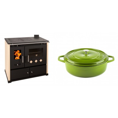 Set Küchenofen / Küchenhexe Prometey Practik Lux, Elfenbein, rechter Kamin, 9.5kW + Gusseisen Topf Flach Solagio, Bamboo, Ф28 - Kaminofen - Holzofen mit Backfach