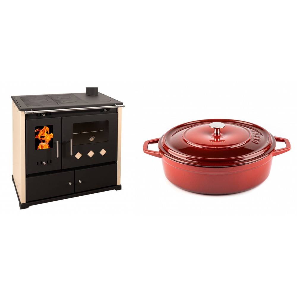 Set Küchenofen / Küchenhexe Prometey Practik Lux, Elfenbein, rechter Kamin, 9.5kW + Gusseisen Topf Flach Solagio, Rubin, Ф28