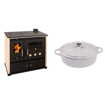 Set Küchenofen / Küchenhexe Prometey Practik Lux, Elfenbein, rechter Kamin, 9.5kW + Gusseisen Topf Flach Solagio, Ivory, Ф28 - Kaminofen - Holzofen mit Backfach