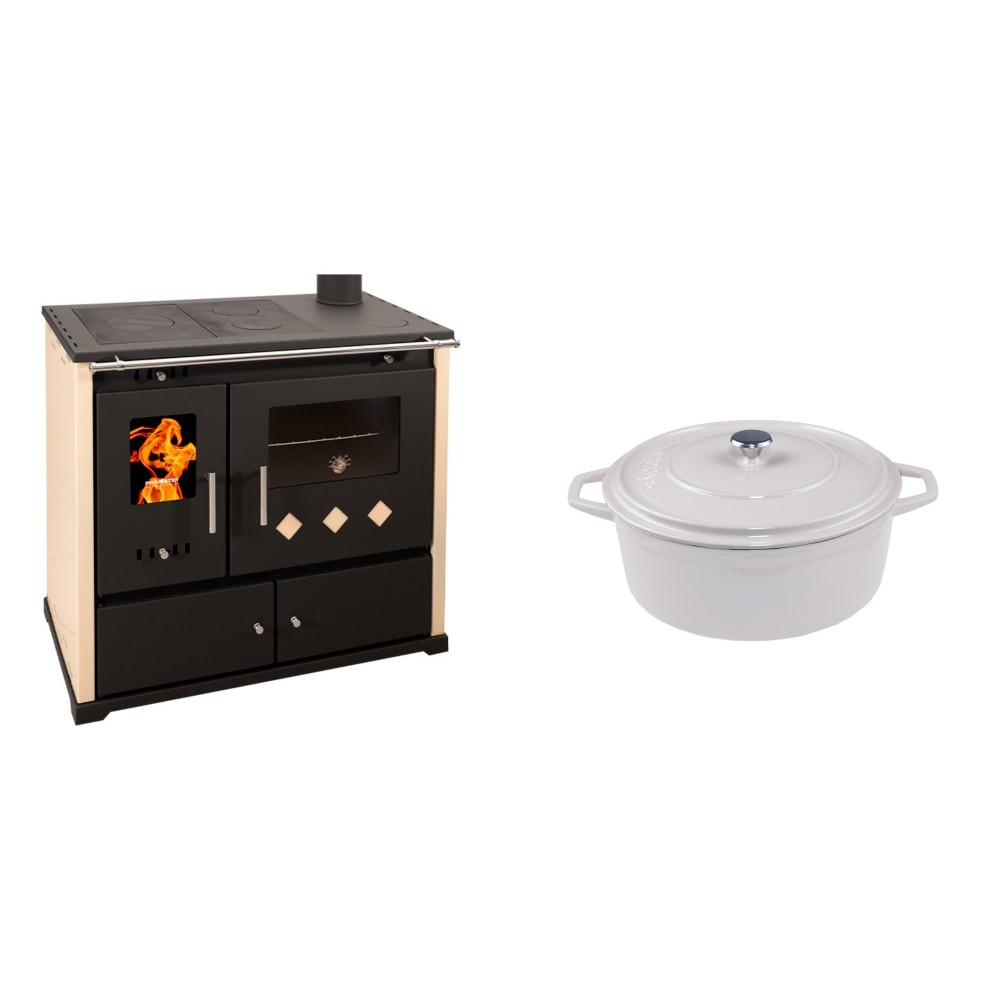 Set Küchenofen / Küchenhexe Prometey Practik Lux, Elfenbein, rechter Kamin, 9.5kW + Gusseisen Topf Tiefer Solagio, Ivory, Ф20 | Kaminofen - Holzofen mit Backfach | Kaminofen |
