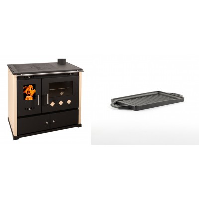 Set Küchenofen / Küchenhexe Prometey Practik Lux, Elfenbein, rechter Kamin, 9.5kW + Mini-Grillplatte aus Gusseisen Solagio, 15.5x22.5cm - Kaminofen - Holzofen mit Backfach