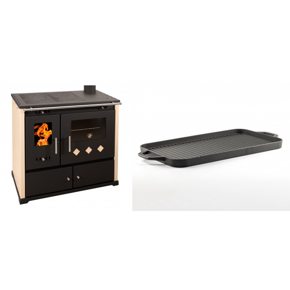 Set Küchenofen / Küchenhexe Prometey Practik Lux, Elfenbein, rechter Kamin, 9.5kW + Große Grillplatte aus Gusseisen Solagio, 25x44cm