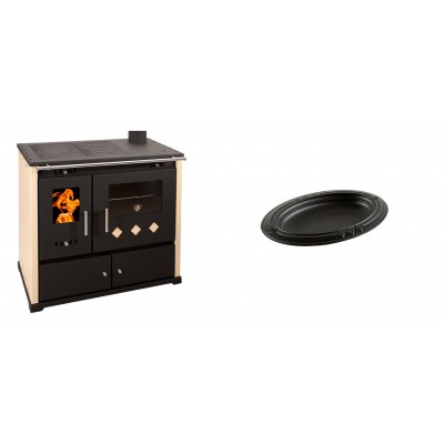 Set Küchenofen / Küchenhexe Prometey Practik Lux, Elfenbein, rechter Kamin, 9.5kW + Gusseiserne auflaufform Solagio oval, 17x28cm - Kaminofen - Holzofen mit Backfach