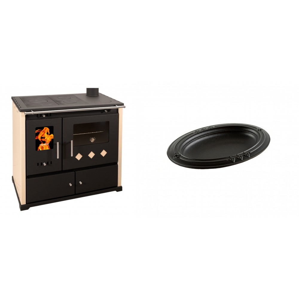 Set Küchenofen / Küchenhexe Prometey Practik Lux, Elfenbein, rechter Kamin, 9.5kW + Gusseiserne auflaufform Solagio oval, 25x33cm | Kaminofen - Holzofen mit Backfach | Kaminofen |