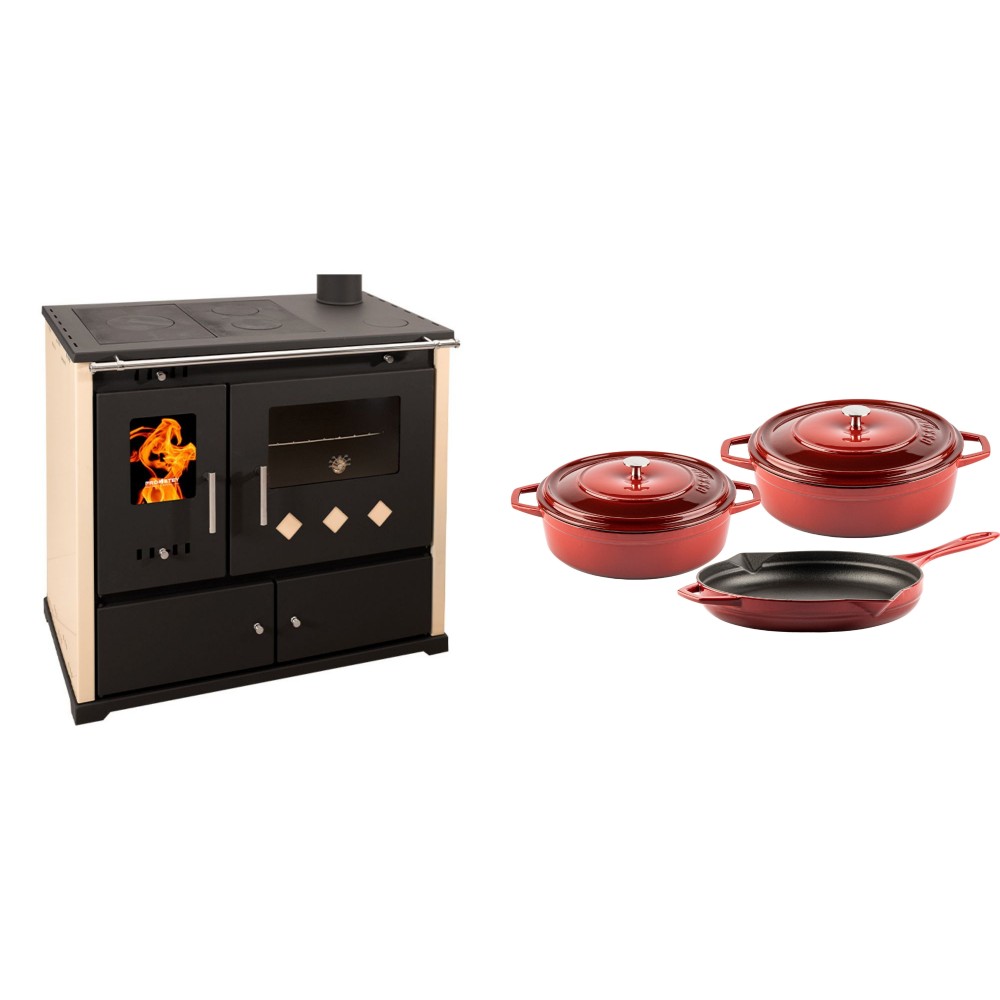 Set Küchenofen / Küchenhexe Prometey Practik Lux, Elfenbein, rechter Kamin, 9.5kW + Gusseisen Topf Set aus 3 teilen Solagio, Rubin
