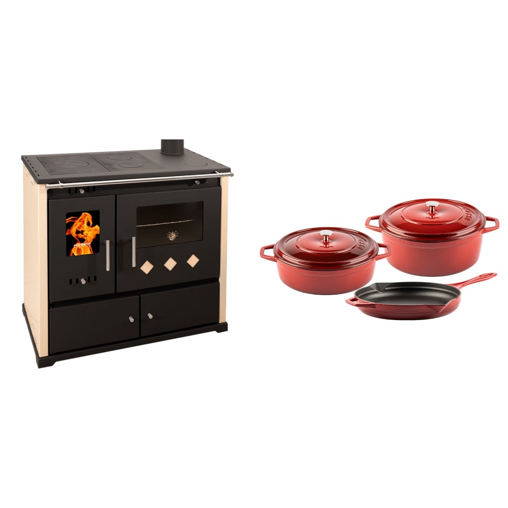Set Küchenofen / Küchenhexe Prometey Practik Lux, Elfenbein, rechter Kamin, 9.5kW + Gusseisen Topf Set aus 3 teilen Solagio, Rubin