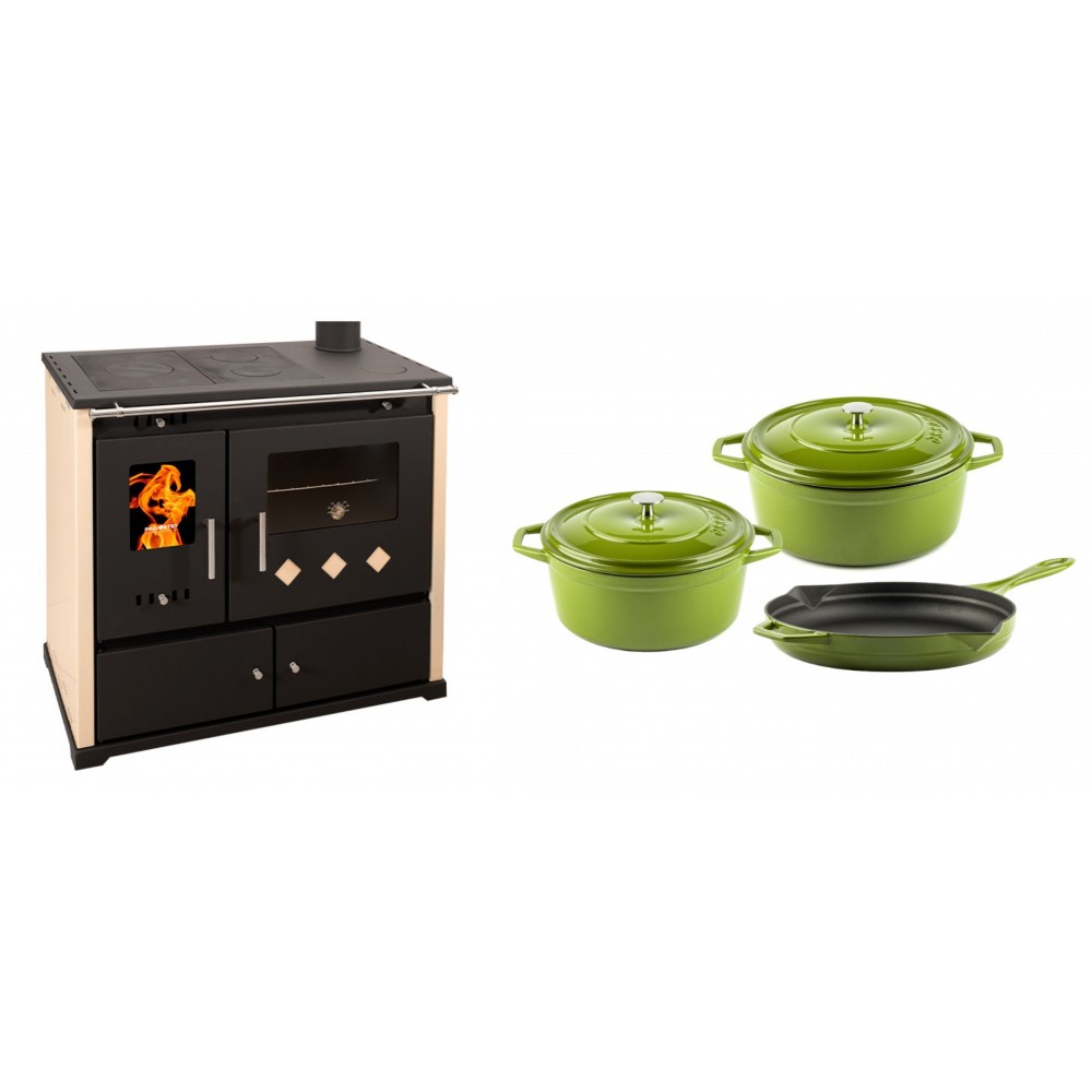 Set Küchenofen / Küchenhexe Prometey Practik Lux, Elfenbein, rechter Kamin, 9.5kW + Gusseisen Topf Set aus 3 teilen Solagio, Bamboo