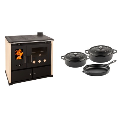 Set Küchenofen / Küchenhexe Prometey Practik Lux, Elfenbein, rechter Kamin, 9.5kW + Gusseisen Topf Set aus 3 teilen Solagio, Black Onyx - Kaminofen - Holzofen mit Backfach