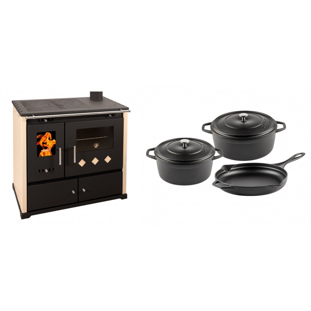 Set Küchenofen / Küchenhexe Prometey Practik Lux, Elfenbein, rechter Kamin, 9.5kW + Gusseisen Topf Set aus 3 teilen Solagio, Black Onyx